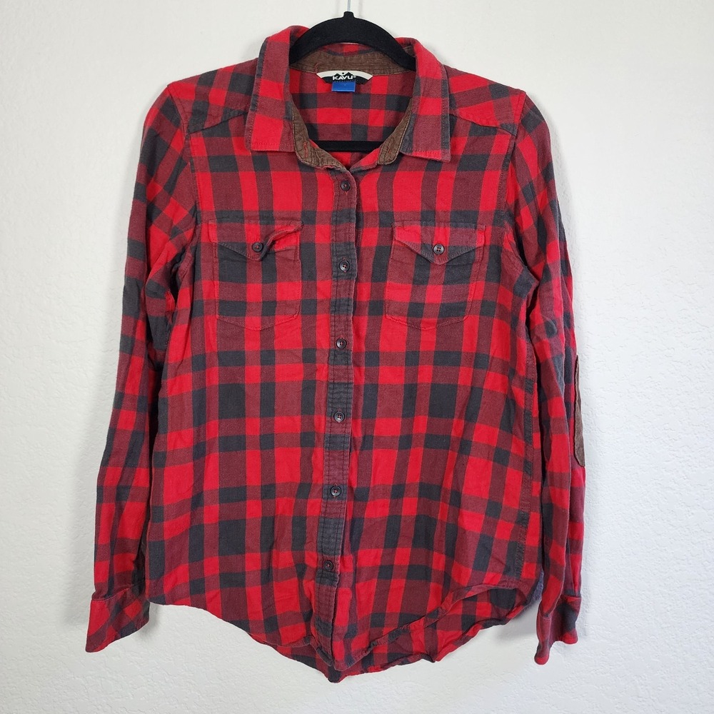 Kavu Casual Button Down Flannel Shirt Women's Medium Lumberjack Elbow Patches